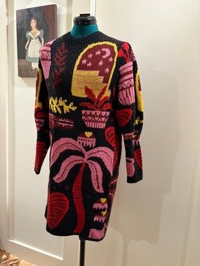 FARM Rio Black Sweater Dress with Pink, Red & Yellow Tropical Motif